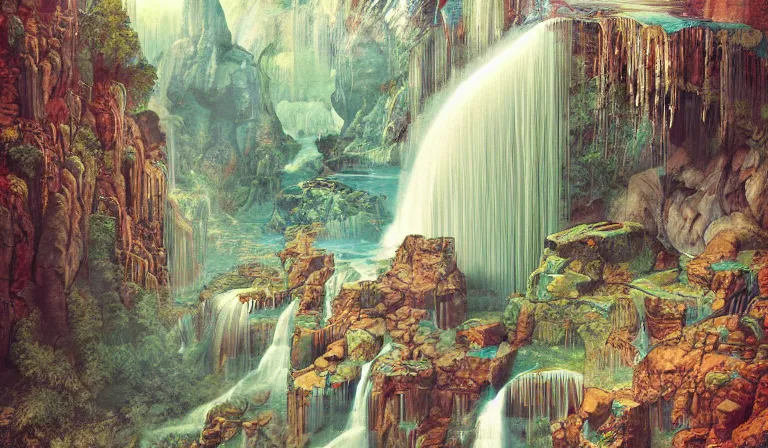 Prompt: innovative waterfall the ancient gods glitchcore landscape, Precise and Intricate Linework, Art Nouveau Cosmic 4k Detailed Matte Illustration trending on Flickr ,CGSociety, Crimson and Ecru color scheme, Pastiche by Albrecht Dürer, Pastiche by Don Maitz