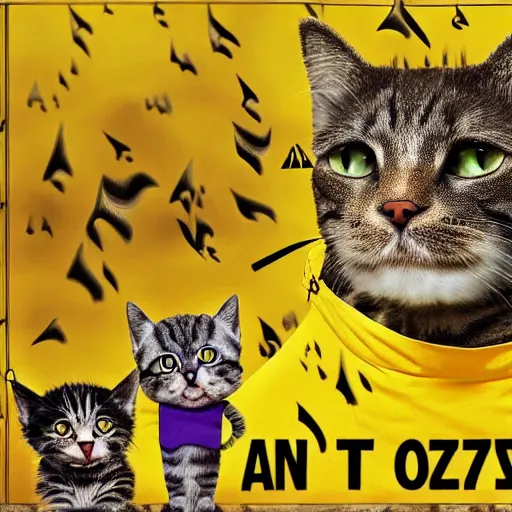 Image similar to cat wizards dressed in yellow raincoats. A banner that reads 'Wiz Biz only, Fools' adorns the back wall. Hypermaximalistic, hyper detailed 4k resolution