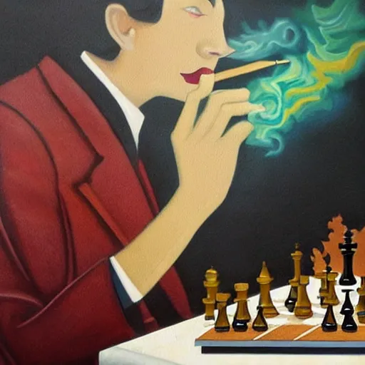 Prompt: an oil painting in the style of art deco of a dragon in a suit smoking a cigar while sitting at a chess table, handsome dragon, artsy