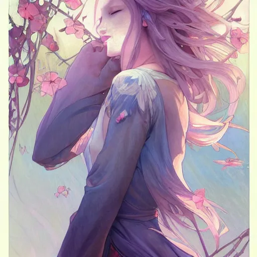 Prompt: a portrait of a spirit fox looking up as flower petals flow gently as a breeze blows them from left to right on a cloudy day with blue skies, art by artgerm and greg rutkowski and magali villeneuve and alphonse mucha and rossdraws and makoto shinkai, d & d, fantasy, highly detailed, digital painting, trending on artstation