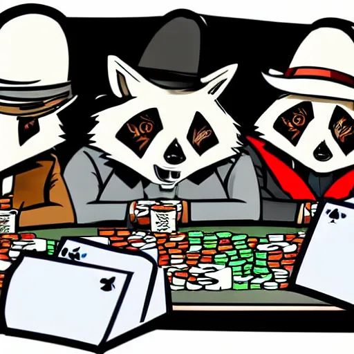 Image similar to illustration of gangster raccoons in smokings, playing poker, dollars, and pistolet on the table