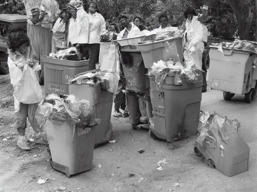 Prompt: a kind garbage collector gifting trash to people, award-winning, 1980 vintage photo, portrait, highly detailed