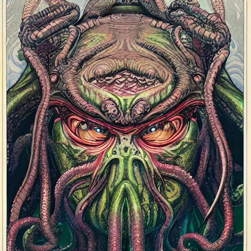 Image similar to upper body and head portrait of cthulhu, symmetrical, by yoichi hatakenaka, masamune shirow, josan gonzales and dan mumford, ayami kojima, takato yamamoto, barclay shaw, karol bak, yukito kishiro