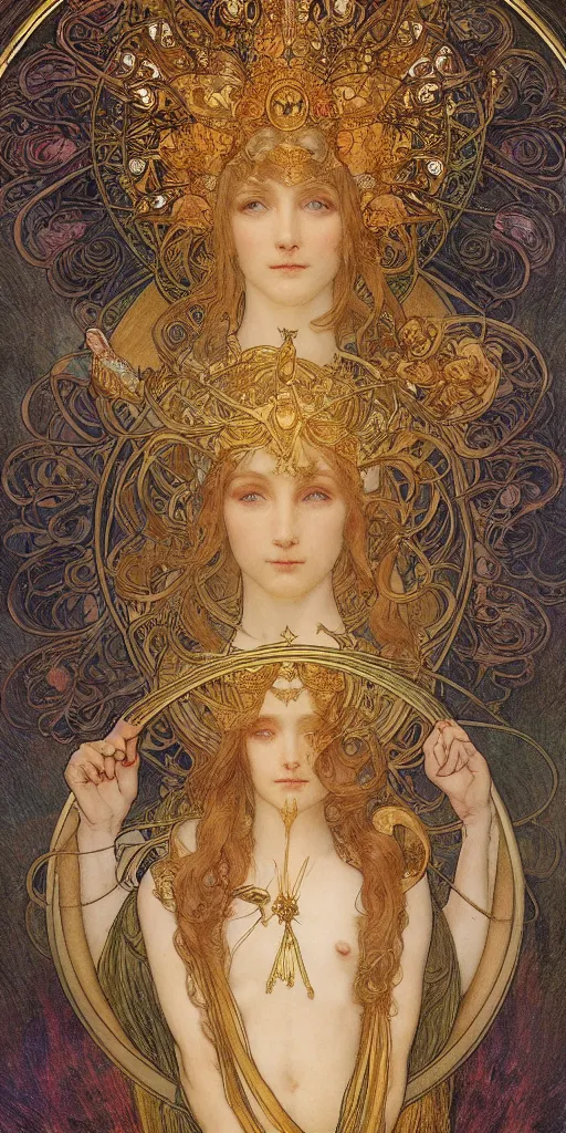 Image similar to portrait burning saint woman, venus, athena, halo, queen, by alphons mucha and annie swynnerton and jean delville, strong dramatic cinematic lighting, ornate headdress, flowing robes, spines, flowers, stars, lost civilizations, smooth, sharp focus, extremely detailed, marble, gold, space