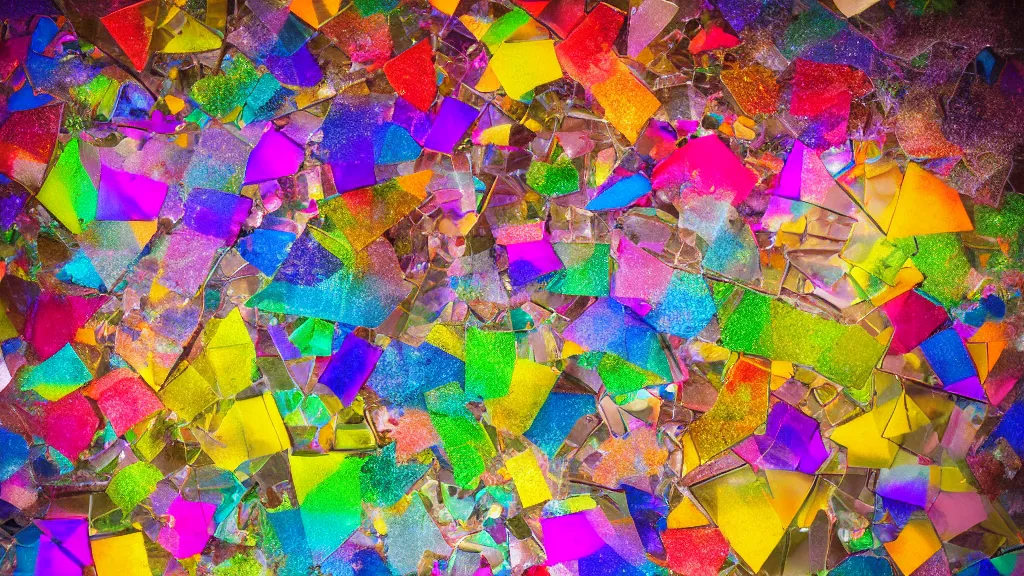 Image similar to A still shot of rainbow light, scattered amongst the prismatic shards of a broken mirror, studio lighting, 4k photo