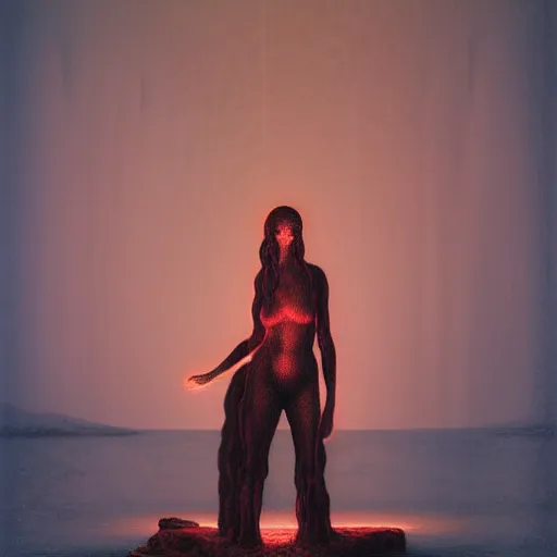 Prompt: liminal!!, portrait, shore of the lake, woman, wrapped around by glowing tubes and cables, short black curly hair, glowing red, by edgar maxence and ross tran, zdzisław beksinski, and michael whelan, distant, gustav dore, h. r. giger, 8 k, octane render