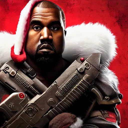 Image similar to Kanye West as santaclaus in 'Gears of War', splash art, movie still, cinematic lighting, detailed face, dramatic, octane render, long lens, shallow depth of field, bokeh, anamorphic lens flare, 8k, hyper detailed, 35mm film grain