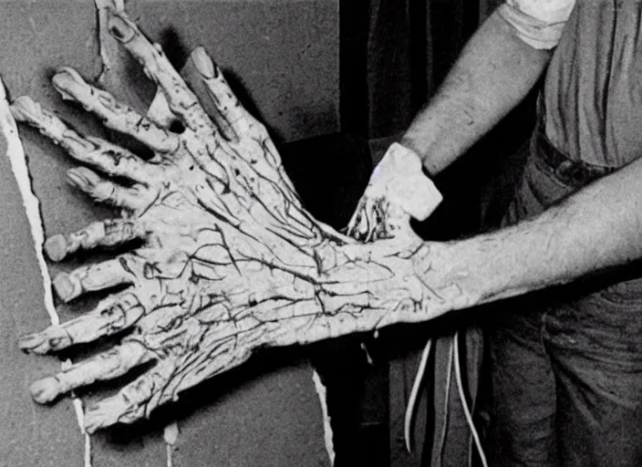 Prompt: disturbing 1 9 8 0 photography of a hand being cut off like a carrot horror film practical fx directed by david cronenberg and ridley scott