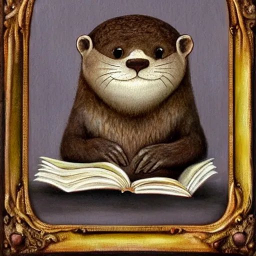 Prompt: an otter abbot reading his book, fantasy concept art by nicoletta ceccoli, mark ryden, lostfish, max fleischer