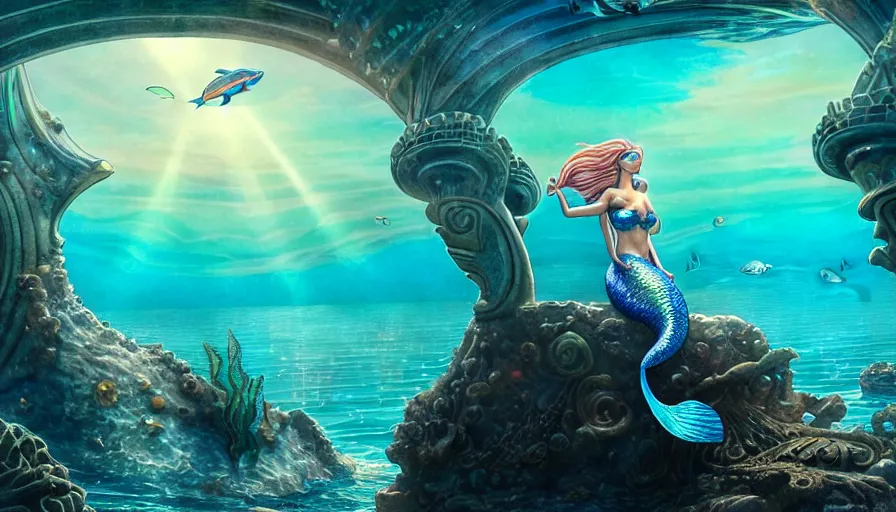 Prompt: a beautiful mermaid looking at the sunken city of Atlantis under water, rays of sunlight, stunning grand architecture, fish and sea creatures in background, art by Tim Doyle, 8k octane beautifully detailed render, post-processing, extremely hyperdetailed, intricate, epic composition, grim yet sparkling atmosphere, cinematic lighting + masterpiece, trending on artstation, very detailed, vibrant colors, Art Nouveau, volumetric god rays, deep underwater scene, sharp focus, smooth, dizzy, moody