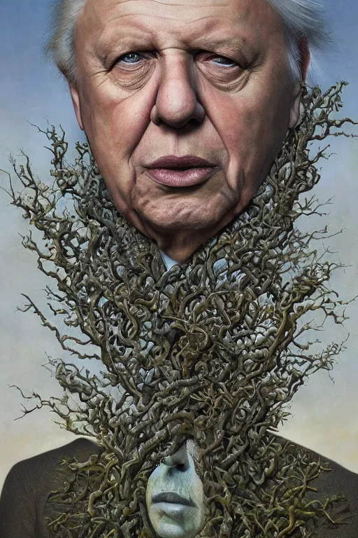 Prompt: intricate stunning highly detailed portrait of sir david attenborough, 🌱, by agostino arrivabene and vladimir kush, surreal, digital painting, ultra realistic, dramatic lighting, twisted vines, lush plants, pristine water, artstation