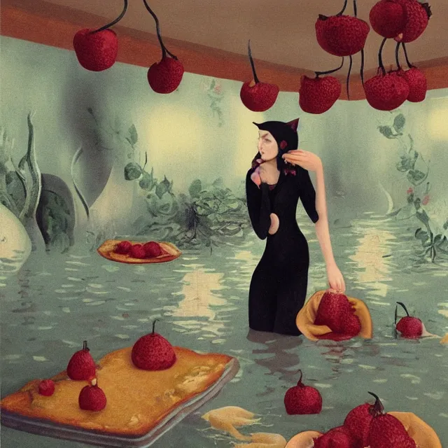 Prompt: tall female catgirl artist holding berry pancakes in her flooded apartment, pomegranates, octopus, water gushing from ceiling, painting of flood waters inside an artist's apartment, a river flooding indoors, mushrooms, ikebana, zen, rapids, waterfall, black swans, canoe, berries, acrylic on canvas, surrealist, by magritte and monet