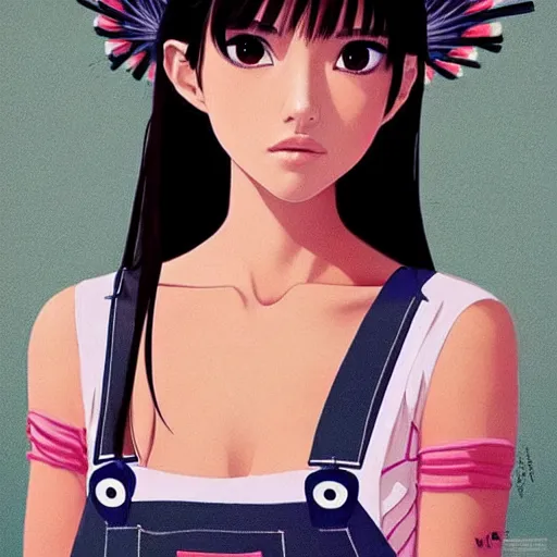 Image similar to a beautiful young japanese natalie portman alluring gravure model, wearing elegant designer overalls, elegant overalls with mesoamerican patterns, mesoamerican native street fashion, princess mononoke, by and wlop and ilya kuvshinov and artgerm and, aesthetic, gorgeous, stunning, alluring, attractive, artstation, pinterest, digital art