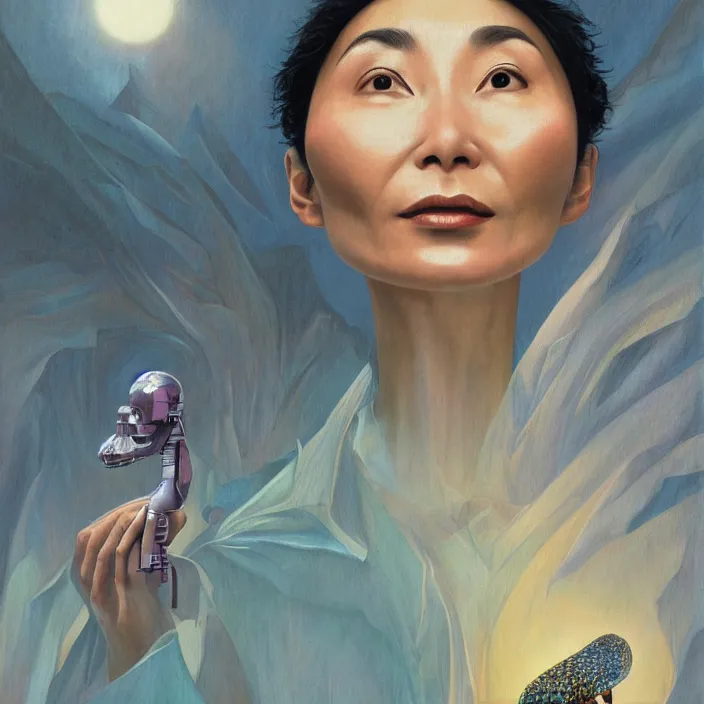 Image similar to maggie cheung, science fiction, extremely detailed, sharp focus, pastel colors, intricate, hard light, illustration, volumetric lighting, digital painting, by roger dean, by santiago calatrava, by vermeer