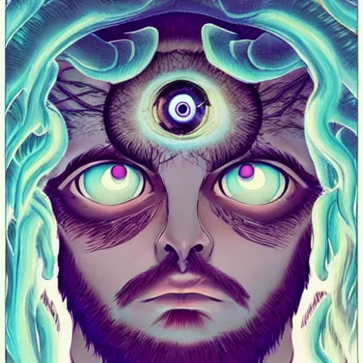 Image similar to !5 three eyed gods, third eyes middle of foreheads, very wide wide shot, very hairy bodies, beautiful colors, eyes in forehead, beautiful lighting, detailed photographs, very detailed