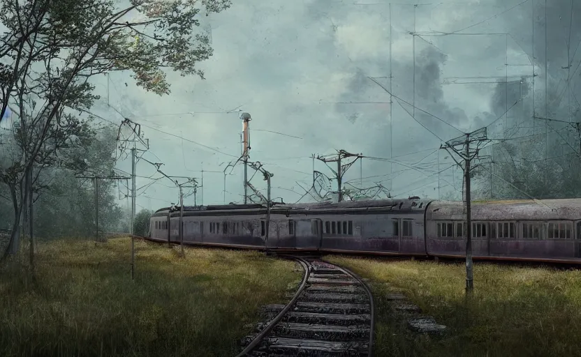 Prompt: An abandoned train station by Simon Stalenhag, hyperrealism art, cinematic lighting, overgrown swedish urban landscape, 8k resolution, trending on artstation