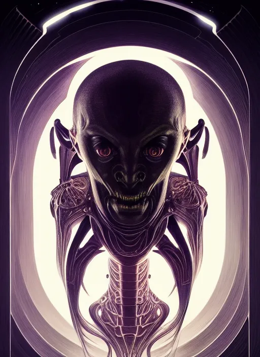 Image similar to symmetry!! portrait of grotesque alien, sci - fi horror, glowing lights!!, intricate, elegant, dark design, highly detailed, dark lighting, digital art, digital painting, artstation, smooth, sharp focus, illustration, art by artgerm and h r giger and greg rutkowski and alphonse mucha, 8 k