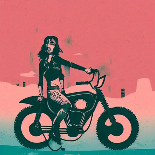 Image similar to a colorful comic noir illustration of a hot tattooed women riding a motorcycle through a post-apocalyptic desert by Queens of the Stone Age and sachin teng, dark vibes, street art, cinematic, high contrast, depth of field