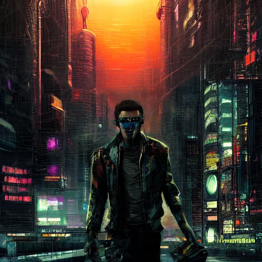 Prompt: cyberpunk, armitage, closeup portrait of an ex soldier, brown buzzcut, sensor implants, dramatic light, city background, sunset, dystopian setting, high contrast, sharp, neuromancer, painted by stanley lau, painted by greg rutkowski, painted by stanley artgerm, digital art, trending on artstation