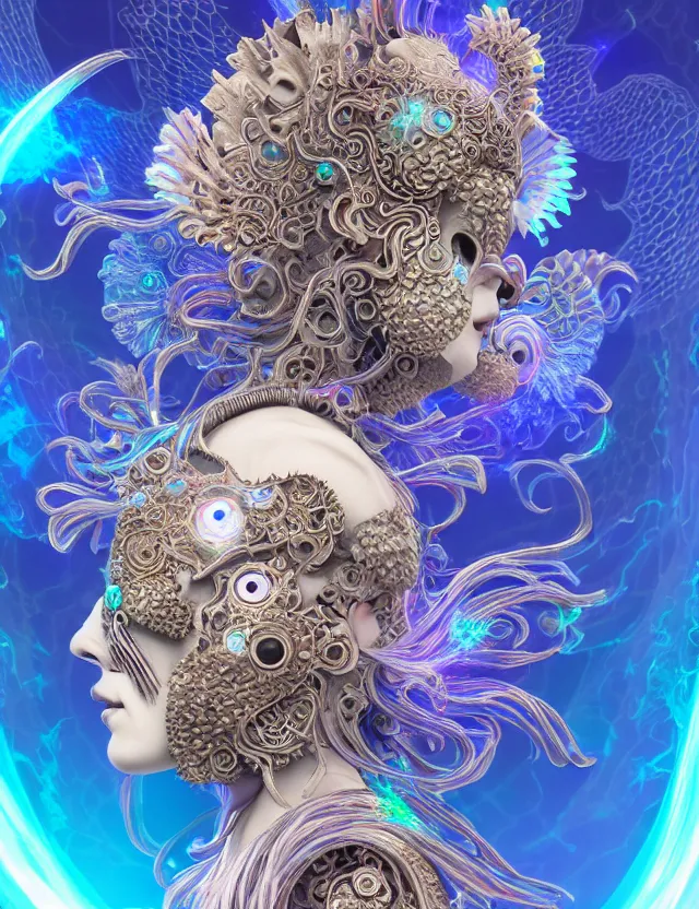 Image similar to 3 d goddess close - up profile solarpunk portrait ram skull. beautiful intricately detailed japanese crow kitsune mask and clasical japanese kimono. betta fish, jellyfish phoenix, fractal flame, holographic, bio luminescent, plasma, ice, water, wind, creature, artwork by tooth wu and wlop and beeple and greg rutkowski