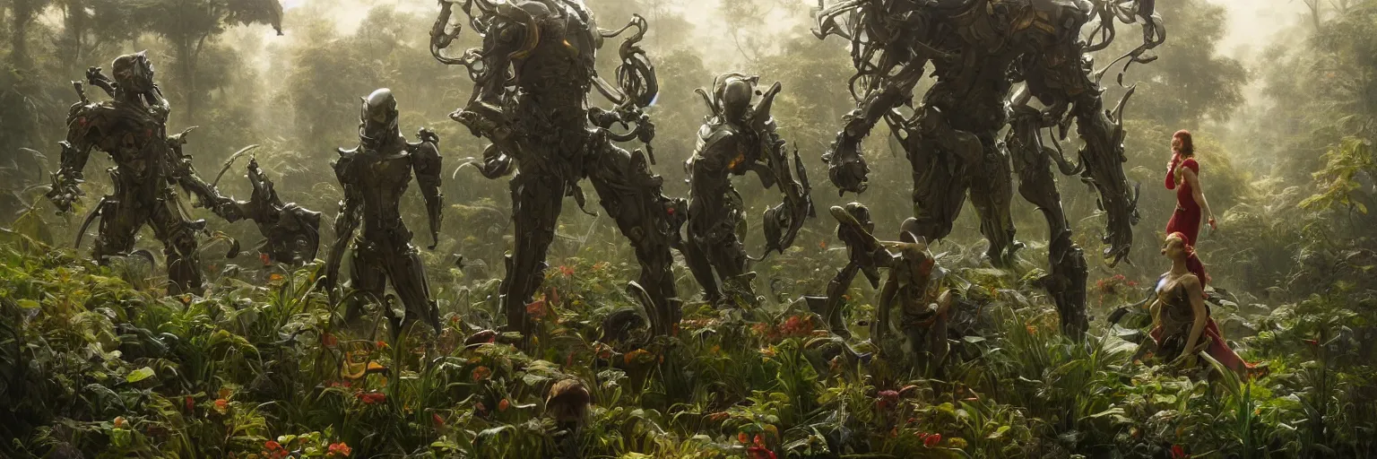 Image similar to an extremely detailed cinematic movie shot of a lush overgrown organic garden with an ornate futuristic suit of armor in the center, mossy ground, golden glow, masterpiece 4k digital illustration by Ruan Jia and Mandy Jurgens and Artgerm and william-adolphe bouguereau, highly detailed, trending on artstation, award winning