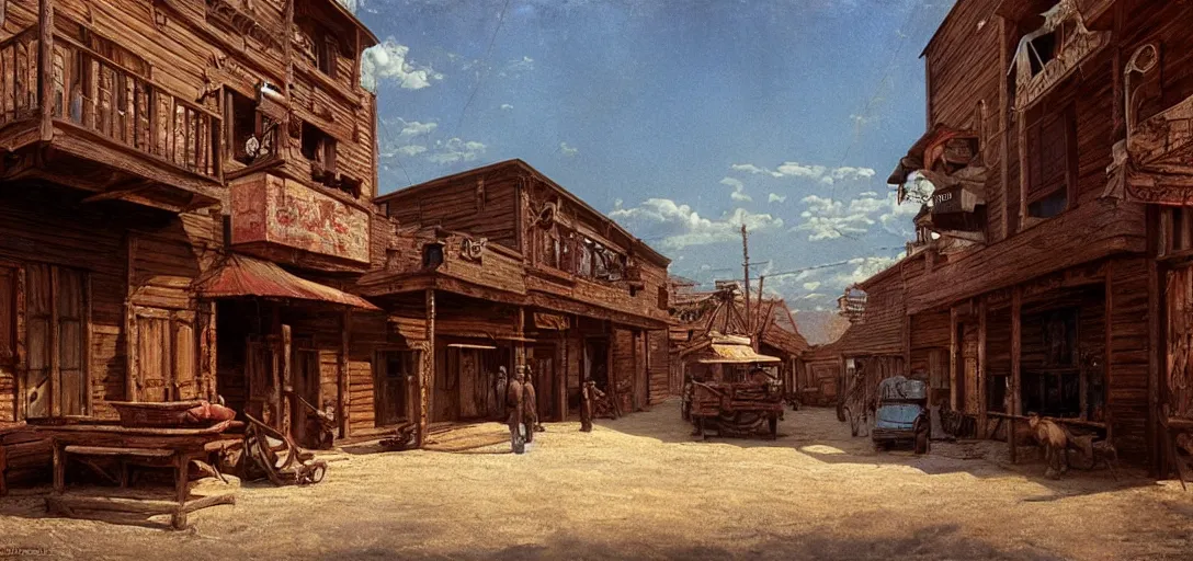 Prompt: from a movie scene, painting of a beksinski western saloon exterior in old town, gregory crewdson, cinematic wide shot