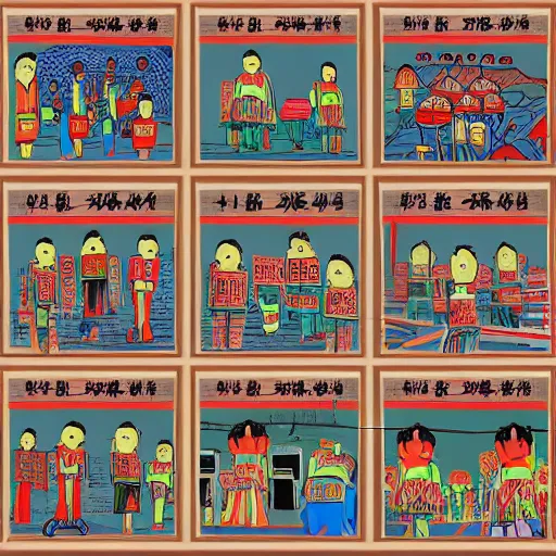Prompt: a chinese prison, in the style of daniel johnston and outsider art, 8 k, line brush, minimal, brightly coloured, flat, stark, overlaid with chinese adverts