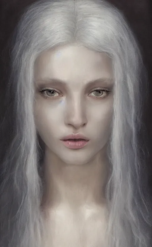 Image similar to who is this with silver hair so pale and wan! and thin!?, flowing robes, covered in robes, lone pale nordic goddess, wearing robes of silver, flowing, pale skin, young cute face, covered!!, clothed!! lucien levy - dhurmer, jean deville, oil on canvas, 4 k resolution, aesthetic!, mystery