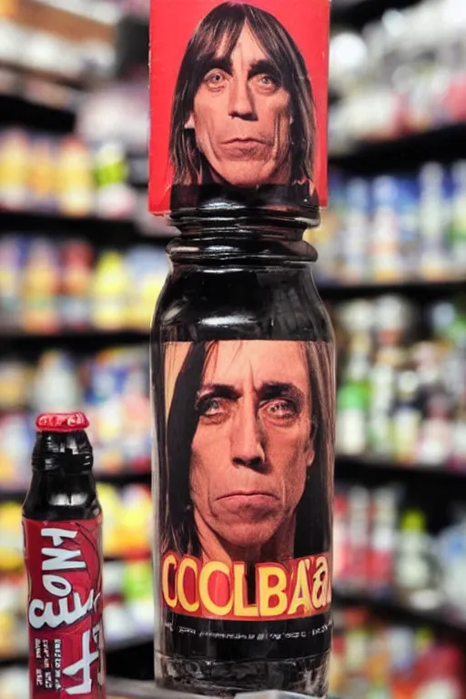 Prompt: a bottle of cola with iggy pop's face on the label, sitting on a store shelf