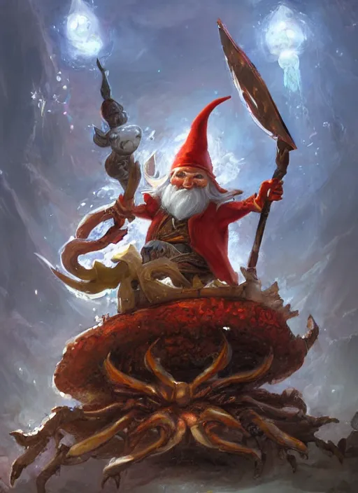 Image similar to a d & d gnome wizard sitting atop a giant crab painted by raymond swanland