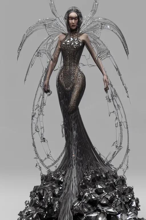 Image similar to a highly detailed metahuman 4 k render of an alien goddess bella hadid in iris van herpen dress schiaparelli in diamonds swarovski and jewelry in style of alphonse mucha trending on artstation made in unreal engine 4