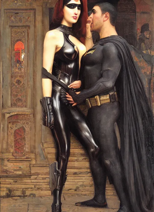 Image similar to Catwoman and batman, Iranian orientalist portrait by john william waterhouse and Edwin Longsden Long and Theodore Ralli and Nasreddine Dinet, oil on canvas. Cinematic, hyper realism, realistic proportions, dramatic lighting, high detail 4k