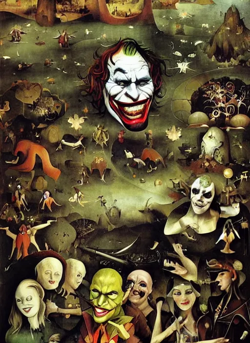 Image similar to portrait of the joker stars in the sky fairies with detailed faces enchanted forest on the ground psychedelic wide angle shot white background vector art illustration gears of war by hieronymus bosch and frank frazetta