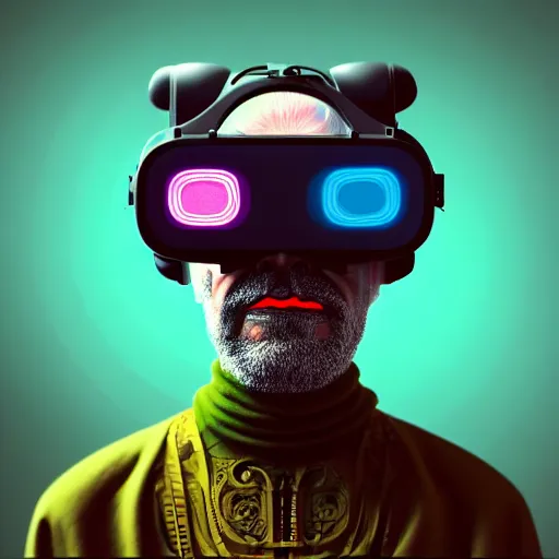 Image similar to Colour Photography of 1000 years old man with highly detailed 1000 years old face wearing higly detailed cyberpunk VR Headset designed by Josan Gonzalez . in style of Josan Gonzalez and Johannes Vermeer and Mike Winkelmann and Caspar David Friedrich. Rendered in Blender