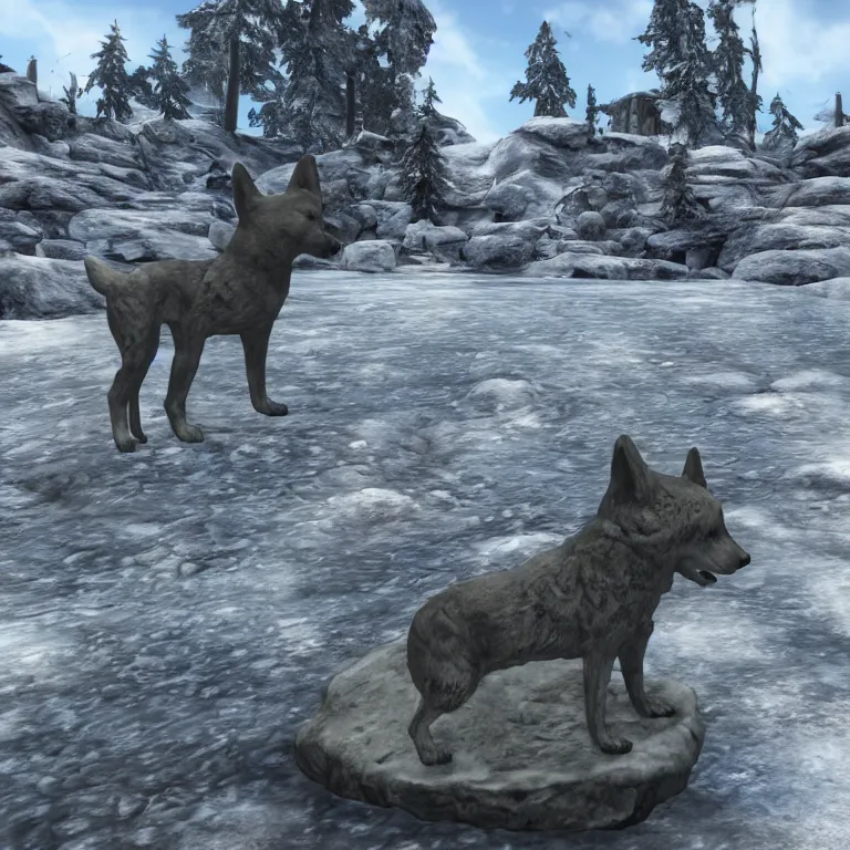 Prompt: a grey and rough hewn shiba inu statue placed beside a frozen stream, skyrim pc screenshot