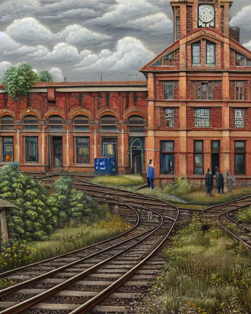 Image similar to a beautiful detailed painting of urbex nature architecture unfinished building industrial architecture railway station by stanley spencer, san andreas, archdaily, wallpaper, highly detailed, trending on artstation.