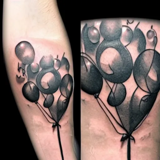 Image similar to a tattoo of multiple small balloons floating up, tattoo art, black and white tattoo,