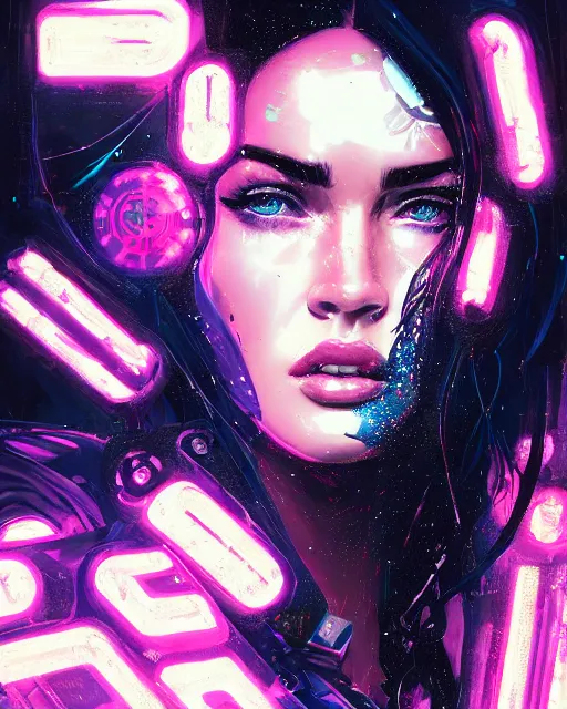 Image similar to detailed megan fox portrait neon operator girl, cyberpunk futuristic neon, reflective puffy coat, decorated with traditional japanese ornaments by ismail inceoglu dragan bibin hans thoma greg rutkowski alexandros pyromallis nekro rene maritte illustrated, perfect face, fine details, realistic shaded, fine - face, pretty face