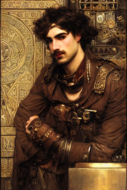 Image similar to attractive male, steampunk, cool tint, orientalist intricate portrait by john william waterhouse and edwin longsden long and theodore ralli and nasreddine dinet, hyper realism, dramatic lighting