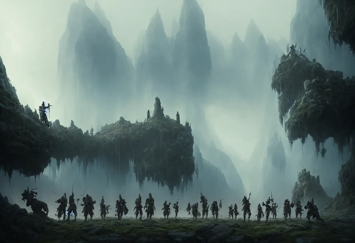 Image similar to beautiful render of a fairytale, small group of mercenaries, ultra high definition, ultra detailed, symmetry, fog, matte painting, by greg rutkowski and ross tran and wlop