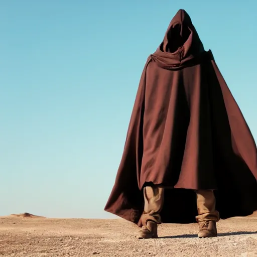Image similar to a man wearing a long cloak and hood, in the desert, panavision panaflex