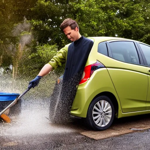 Prompt: baked beans man cleaning a honda jazz in the driveway overcast weather