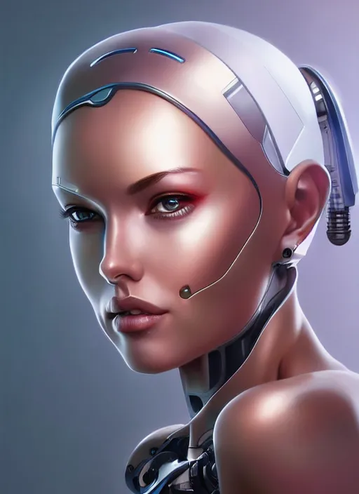 Image similar to portrait of a cyborg woman by Artgerm, face turns left+100 (((((face turns right))))), open eyes , biomechanical, hyper detailled, trending on artstation