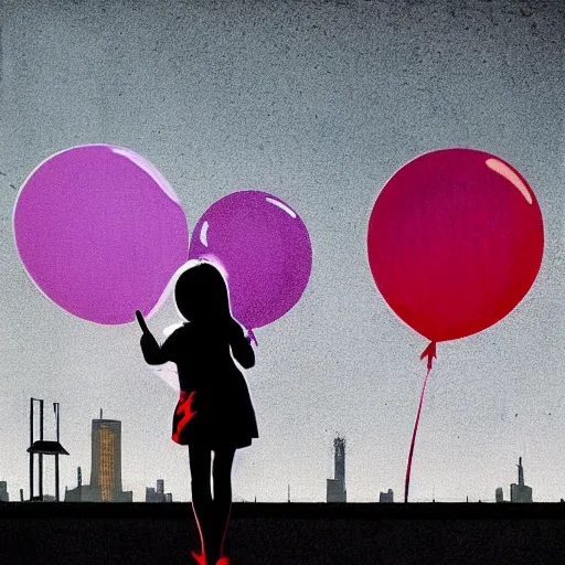 Prompt: a girl holding a balloon at a fairground. buildings with graffiti in the background. silhouette. night. photograph in the style of simon stalenhag