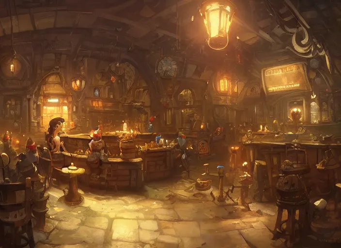 Prompt: A gnomish steampunk tavern, by Greg Rutkowski and James Gurney, trending on Artstation