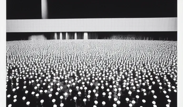 Prompt: A techno palace exterior, extreme long shot, 35mm film, by Ryoji Ikeda, Yohji Yamamoto, Michael Mann