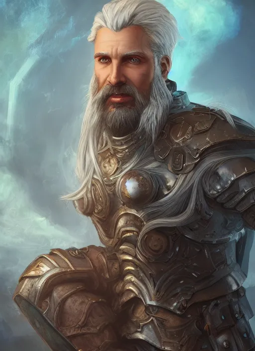 Image similar to an epic fantastic realism comic book style portrait painting of an aasimar paladin, male, silver hair, short brown beard, d & d concept art, unreal 5, daz, teal aesthetic, octane render, cosplay, rpg portrait, dynamic lighting