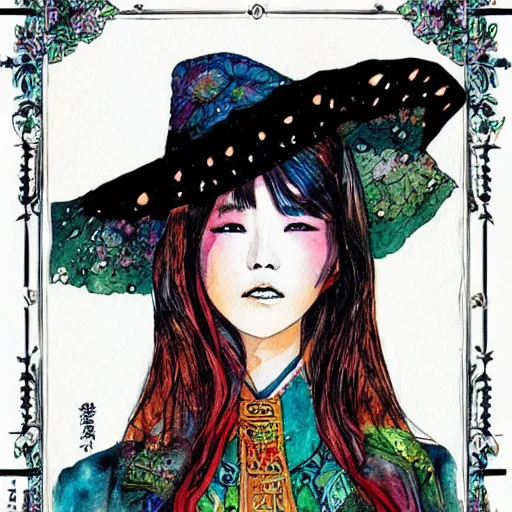 Image similar to korean women's fashion machine witch, intricate watercolor solarpunk portrait by tim doyle