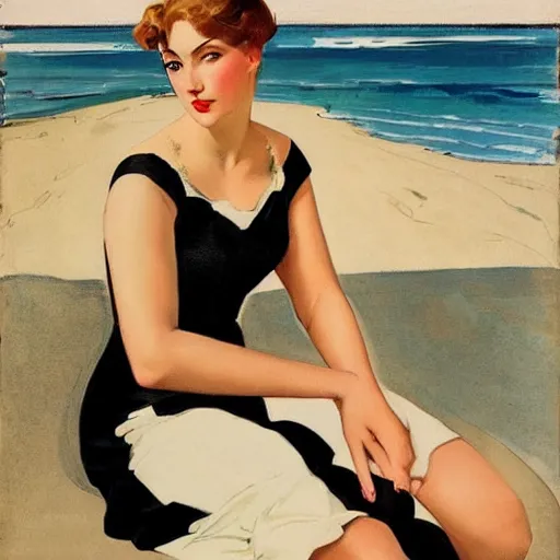 Prompt: woman on the beach, black dress, leyendecker style