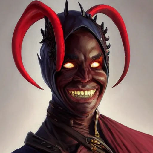 Prompt: portrait of a male tiefling with dark red skin wearing a black hood, smiling, D&D, fantasy, intricate, elegant, highly detailed, digital painting, artstation, concept art, smooth, sharp focus, illustration, art by artgerm and greg rutkowski and alphonse mucha